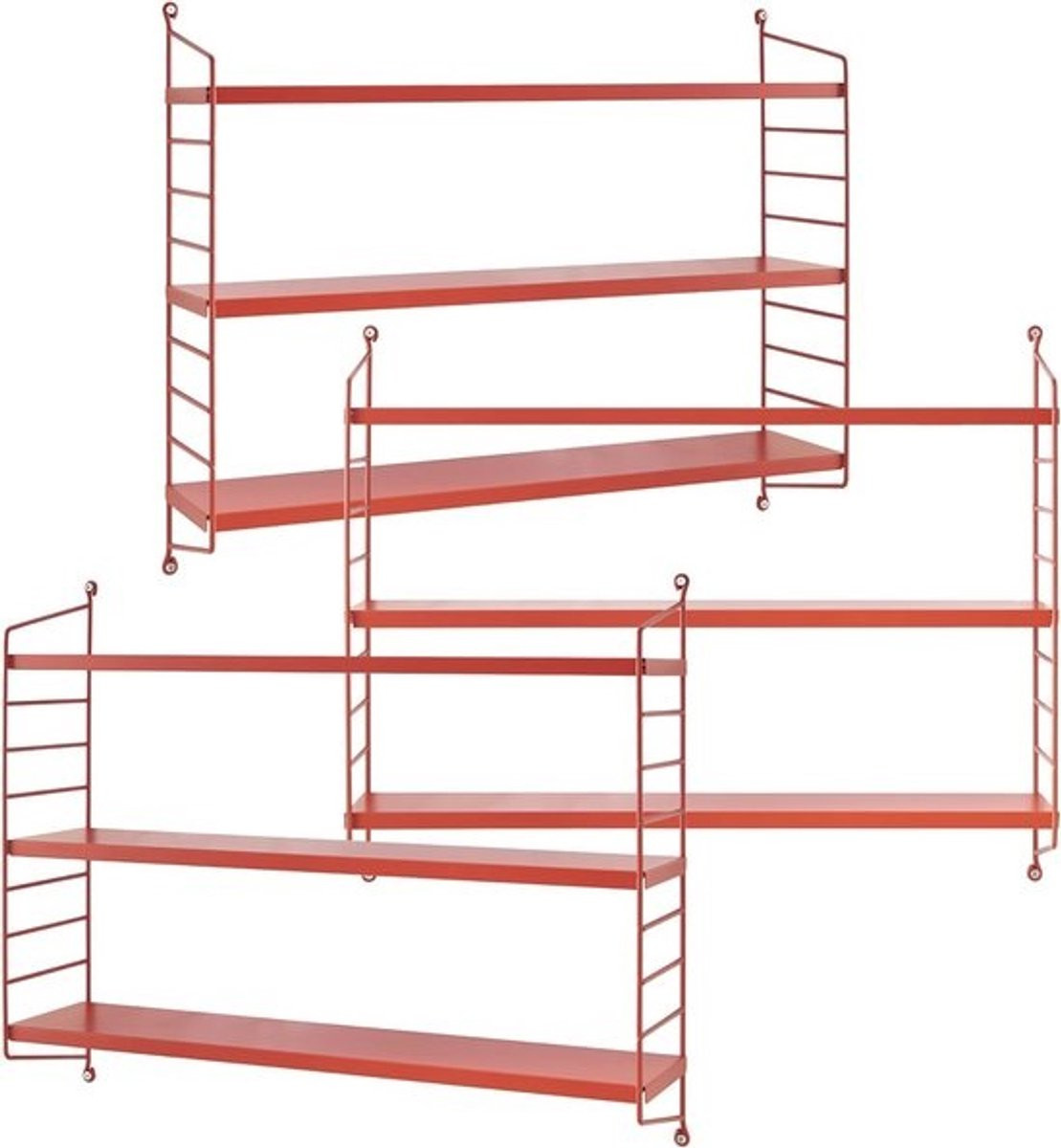 3-delige set wandplanken met 9 verstelbare legplanken in rood staal