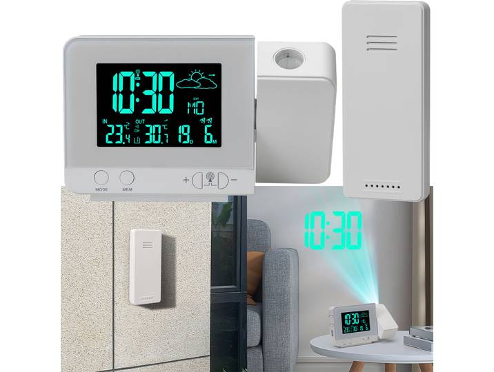 Projektions-Wecker mit Funk-Wetterstation, USB-Port, Aussensensor, weiss