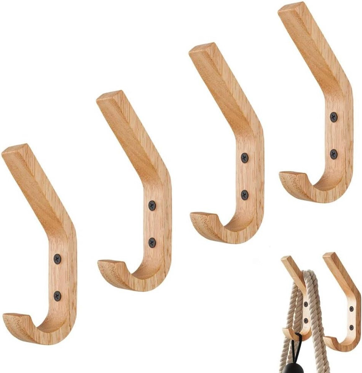 Allecto Plus Set van 4 Houten Garderobehaken - Eikenhout Natuurlijk Vintage - Handgemaakte Wandhaken