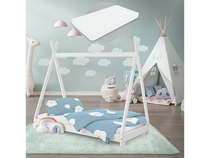 ML-Design Kinderbett Tipi 70x140 cm Weiß mit Matratze & Lattenrost, Indianer Bett aus Kiefernholz, Hausbett für Mädchen & Jungen, Bodenbett Kinderhaus Jugendbett Holzbett Bettenhaus Spielbett Zelt