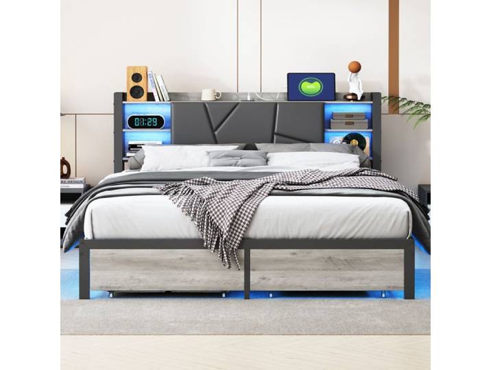 Lit 160x200 cm - ADWOLT - 2 tiroirs - LED et USB - cadre de lit double 160x200 cm - Noir - PU