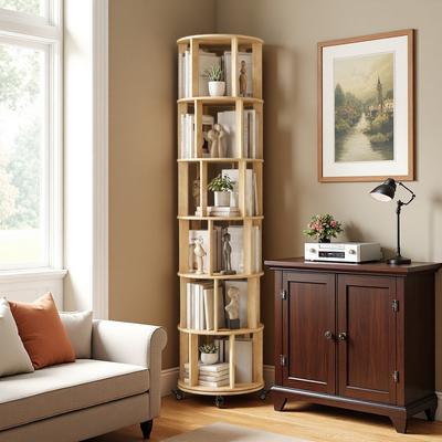 ZWYO HOSIMU "77.95"" Solid Wood 6-Tier Rotating Bookshelf Tower with 360° Spin & Locking Casters, Space-Saving Display Shelf for Corner"