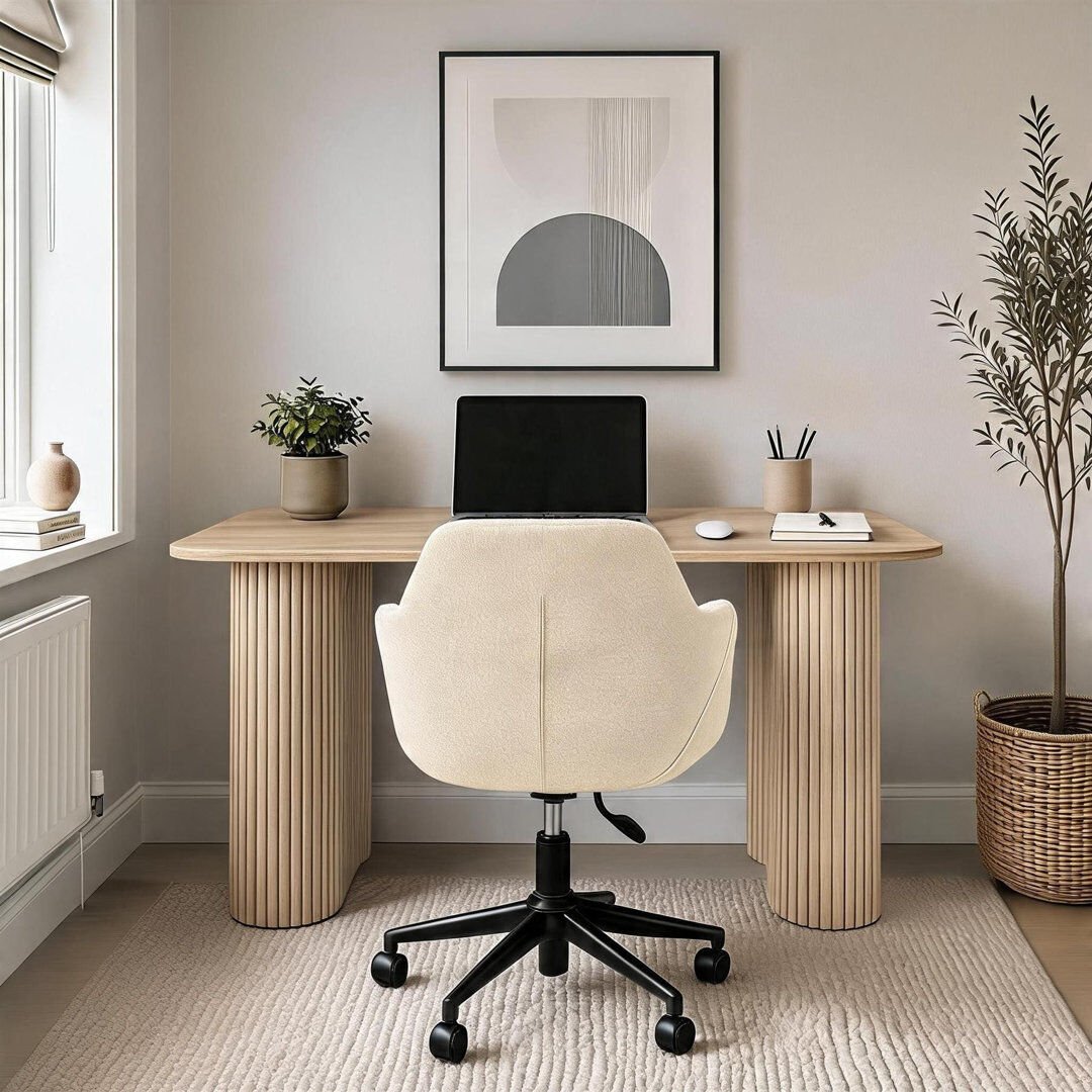 17 Stories Monroe 2 Piece Computer Desk Office Set with Chair Natural with Ivory Chair