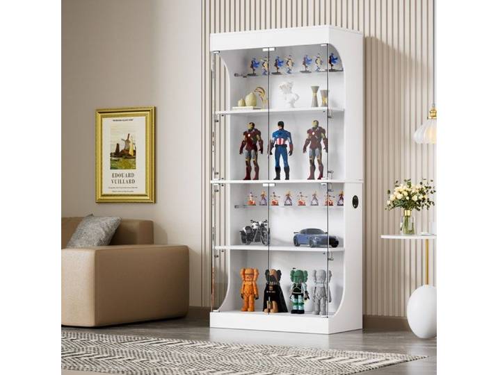 WOVREO vitrine en verre 80 x 35 x 165 cm avec LED 3 couleurs détection de mouvement USB et USB-C blanc