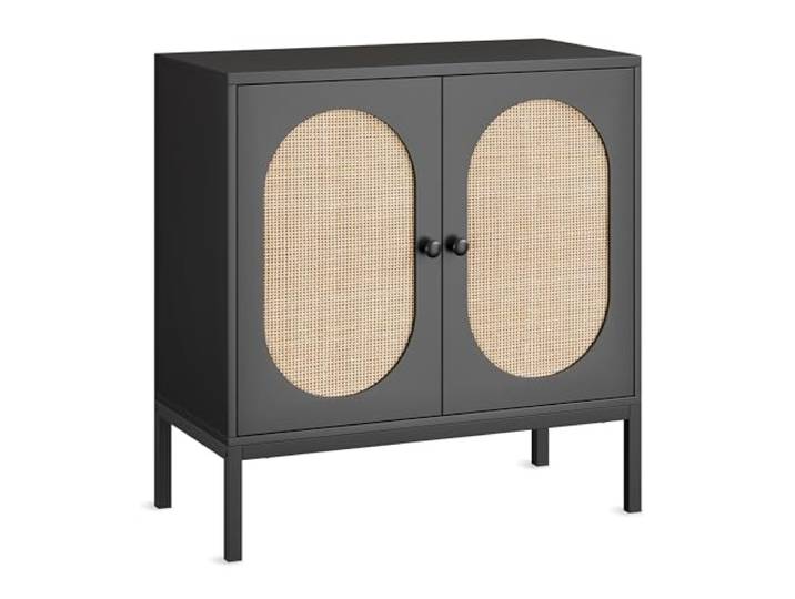 GarveeMore Modernes Sideboard mit Rattan-Türen, Schwarz Holz Anrichte für Flur, Wohnzimmer, Esszimmer, Küche – Ablagefächer, Türen, robustes Metallgestell – Stilvolle Aufbewahrung