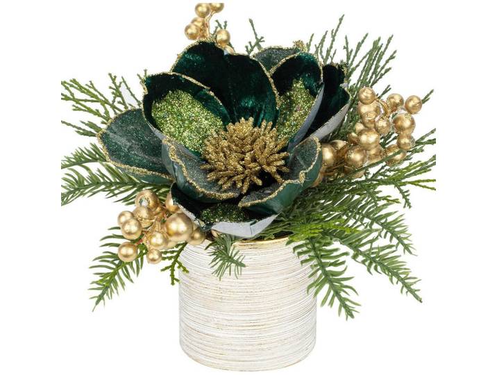 Kunstpflanze Weihnachtsarrangement Magnolie im Keramiktopf mit Tannenzweig und Kugeln Dunkelgrün, Mehrfarbig, 26 cm, Dekoration, Blumen & Blumentöpfe, Kunstpflanzen