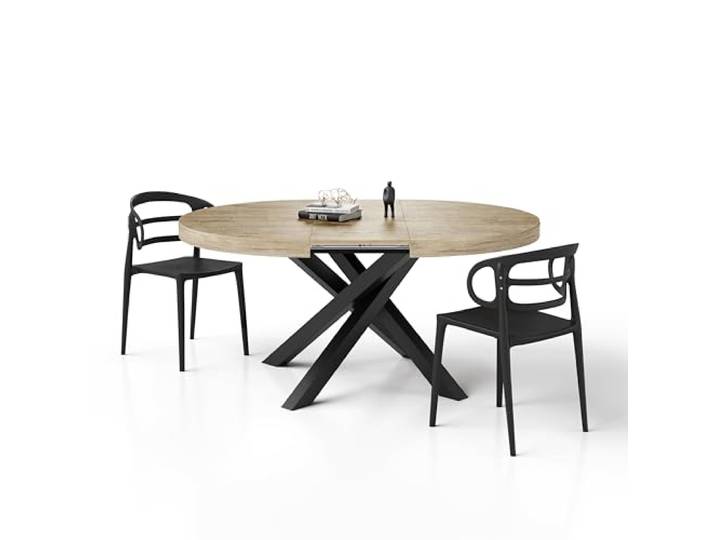 MOBILI FIVER, Runder ausziehbarer Tisch Emma, 120-160 cm, Eiche mit gekreuzten Schwarzen Beinen, Made In Italy