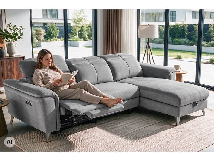 3-Sitzer Sofa IMPERIA 255cm grau Vogue Seiden Samtstoff elektrische Fußstütze Wohnzimmer Modern & Design