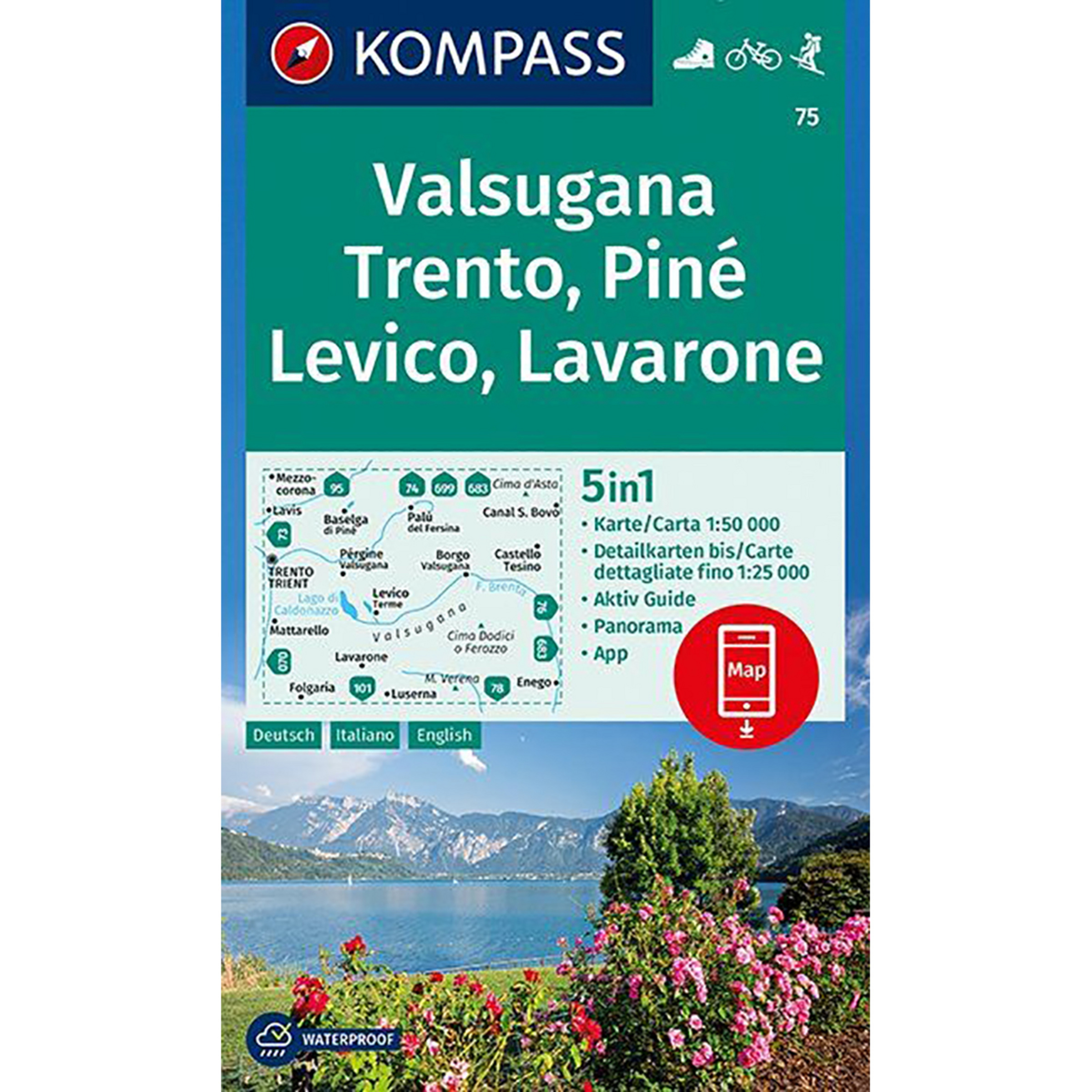 Kompass Verlag WK 75 Valsugana - Trento, Piné, Levico, Lavarone Topografische Karten tuerkis
