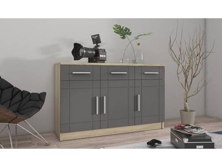 Kuechen-preisbombe Kommode Sideboard Paris 3F-3S Wohnwand Wohnzimmer Anbauwand Grau + Sonoma Eiche