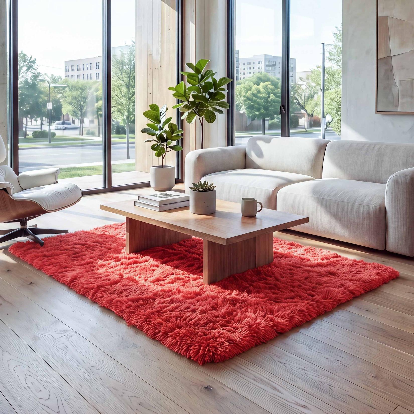 Teppich MCW-F69, Shaggy Läufer Hochflor Langflor, Stoff/Textil flauschig weich 200x140cm ~ rot