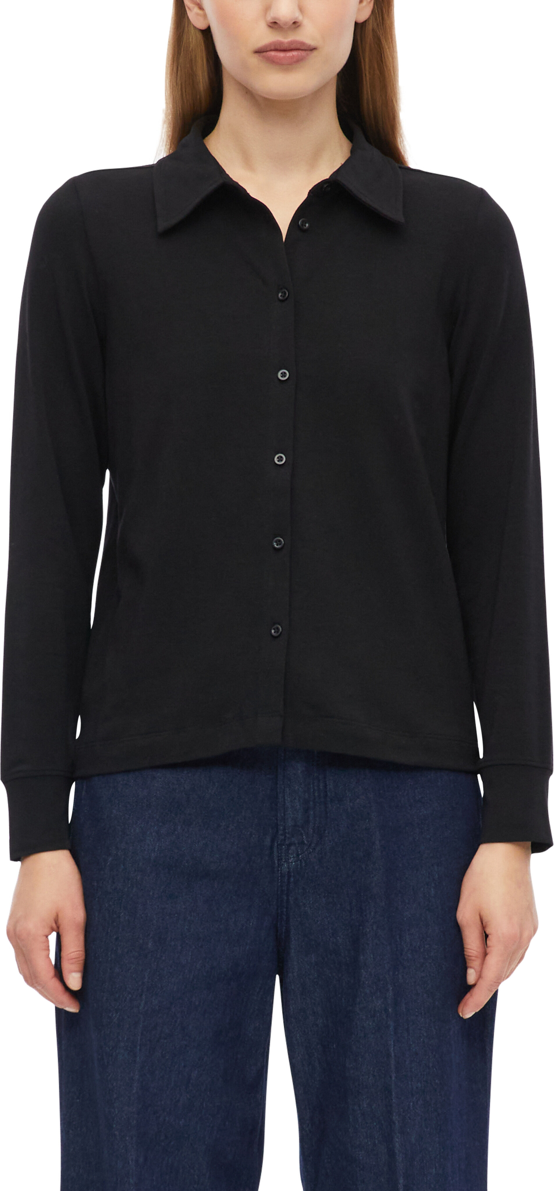 Hemdbluse S.OLIVER, Damen, Gr. 44, schwarz, Jersey, Obermaterial: 95% Baumwolle, 5% Elasthan, unifarben, normal hüftlang, angesetztes Bündchen, Blusen Hemdbluse, Angesetzte, elastische Bündchen an Ärmeln