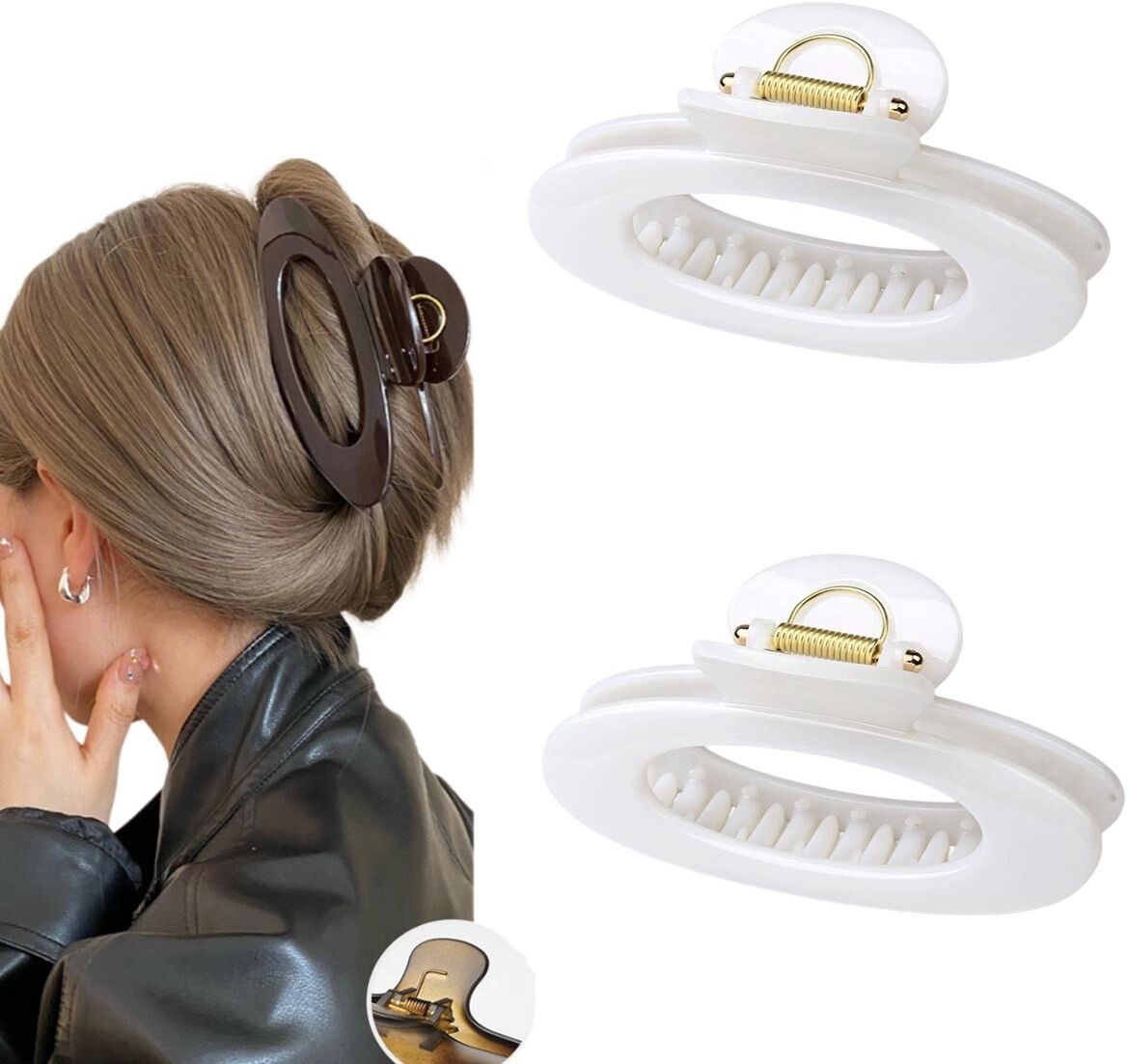 INF Pince à cheveux griffe ovale creuse 2 pièces – PC, dents larges pour cheveux épais, couleurs multiples Blanc