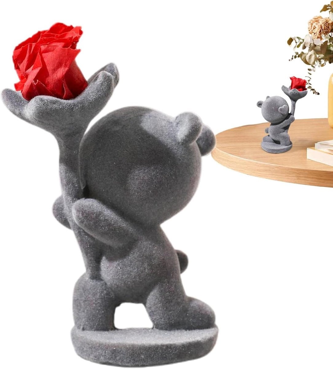 Berenbeeld Decoratie Bloemenbeer Figuur Grijs 11 x 5 cm