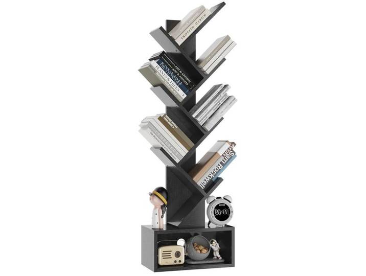 Bibliothèque CD Design Arbre 112 cm – Étagère Rangement CD Livres Magazines – Meuble Noir pour Salon – Support CD Élégant