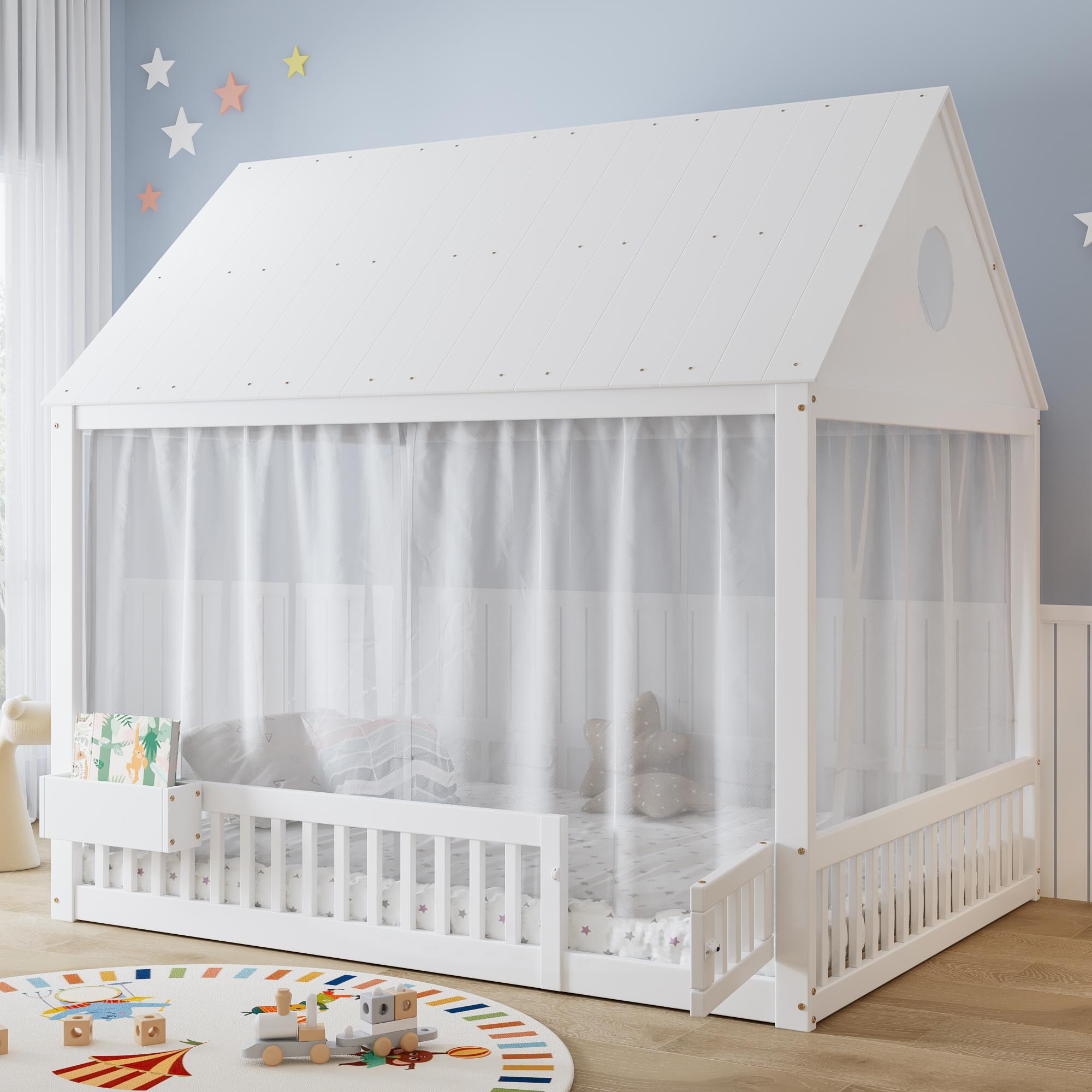Abrihome Kinderbett 140x200 cm Hausbett mit Fenster, Vorhängeschirmen und Dachdetails, Weiß