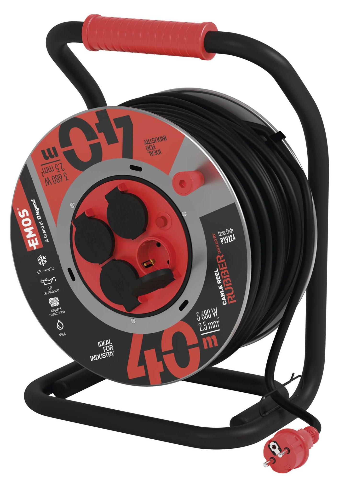 EMOS Outdoor-Kabeltrommel aus Stahlblech, 40m Gummi-Kabel H07RN 2,5 mm2, 4 Schuko Steckdosen, IP44 wasserdicht, P19224