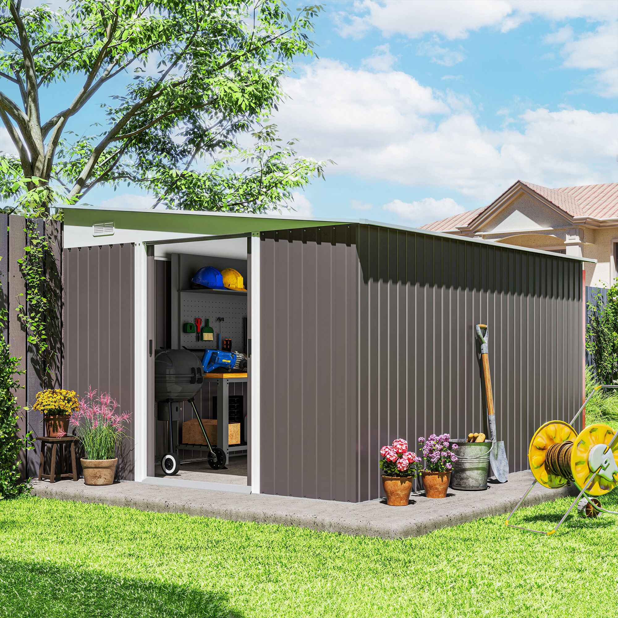 Altro Casetta Da Giardino Con Porta Scorrevole, In Acciaio, 345x280.5x169-201cm, Grigio
