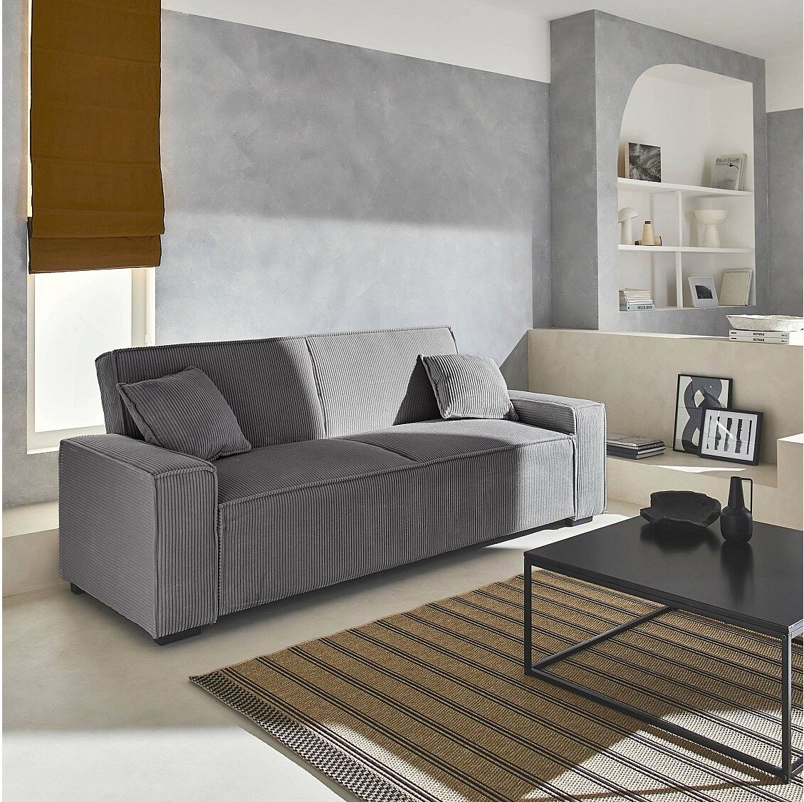 Sweeek Sofá cama de pana, 3 plazas gris claro