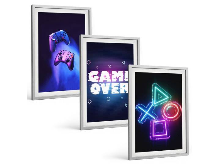BILDER SET 3er Set - 40x60 cm Silberner Rahmen - Game Over Gamepads