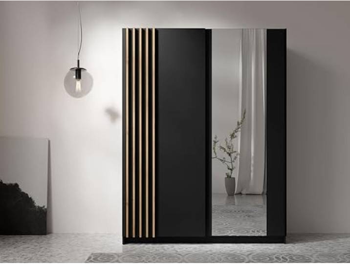 AX Living Kleiderschrank Beralto 150 cm Schwarz, Spiegel 1 Spiegel, 4 Fächer, 1 Kleiderstange. Höhe von 198,5 cm. Tiefe von 62 cm. Breite: 150,6 cm – perfekt für mittlere Räume.
