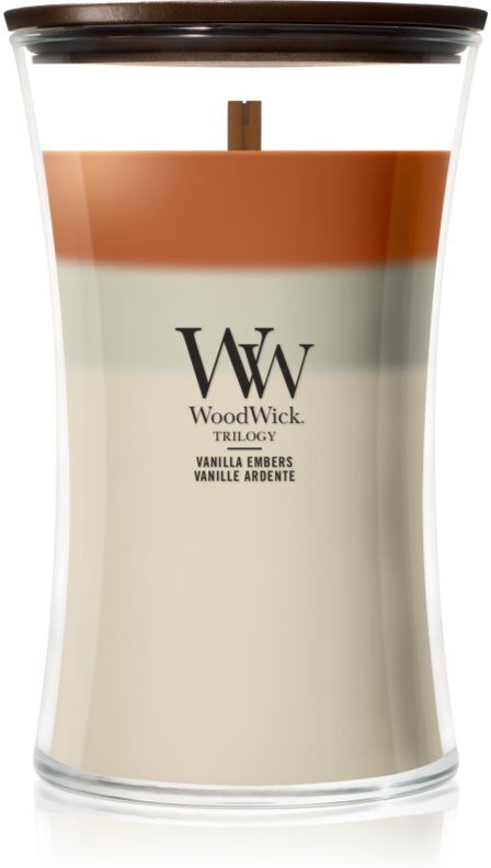 Woodwick Trilogy Vanilla Embers bougie parfumée avec mèche en bois 610 g