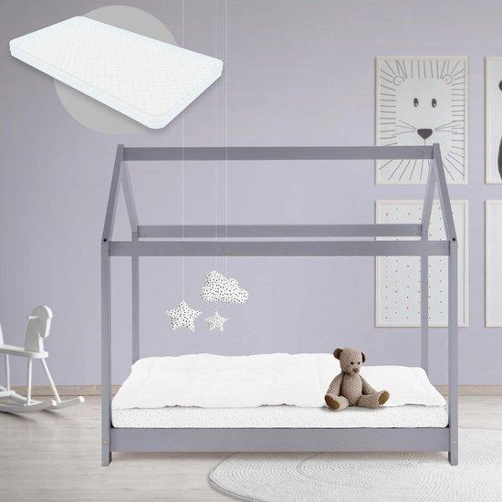 Kinderbett "Huis" - Mädchenzimmer-Bett - Zum Spielen und Schlafen - Massivholz - 70x140 cm - Hellgrau