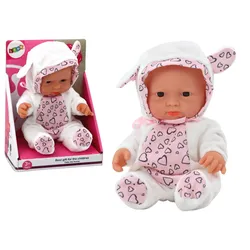 Kleine Babypuppe, weiße Kleidung, Hut, Schleife, Ohren