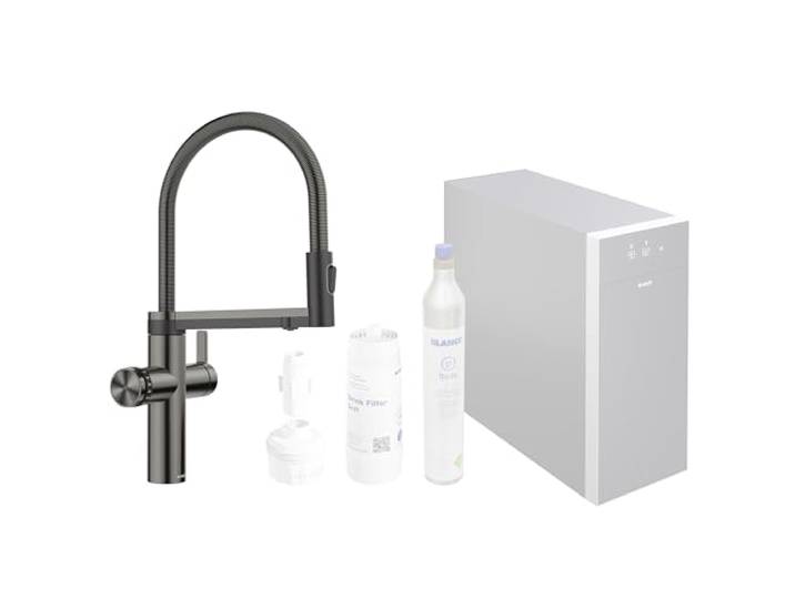 BLANCO CHOICE Icona Küchenarmatur aus Edelstahl satin dark steel [17x25x45 cm] all-in-one Armatur Inkl. App zum Individualisieren