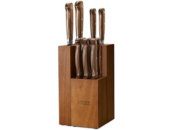 Chicago Cutlery Racine 12-teiliges Küchenmesser-Holzblock-Set, Edelstahl-Klingen, gezackt, Chef, Helfer und Schälmesser, abnehmbarer Steakmesserblock, Walnussgriff