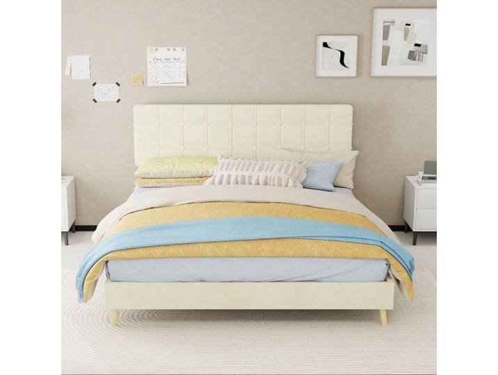 Lit Double Lit tissu beige foncé tête de lit matelassée confort chambre adulte ami matelas 160x200cm Sans Matelas