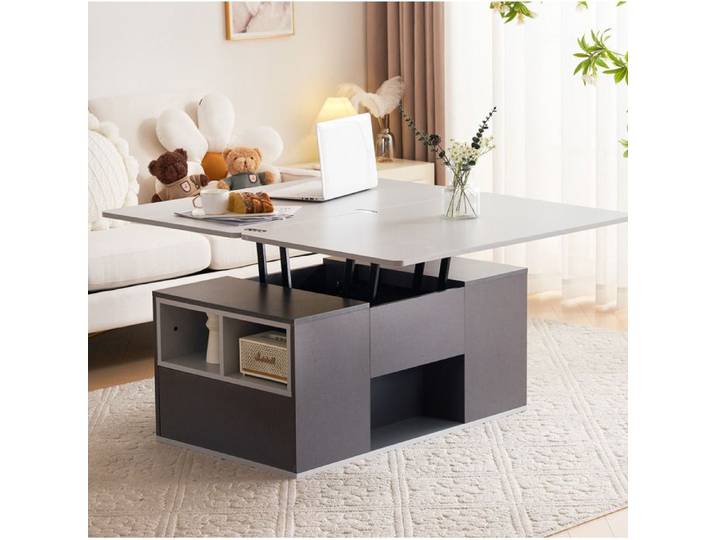 Table basse relevable multifonction gris 100 x 51 x 47 cm avec plateau ouvrable 2 tiroirs et rangement ORVRYN