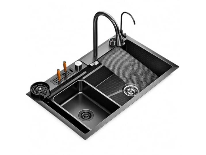 Schwarze Küchenspüle Edelstahl mit Wasserfall, Multifunktional mit LED Durchdachte Küchenstation für komfortables Spülen, Waschen und Vorbereiten mit vielseitiger Ausstattung