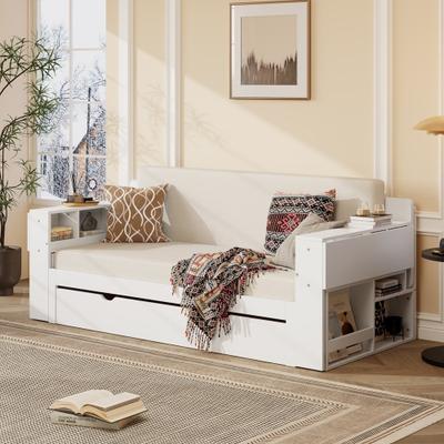 Wooden Daybed with Removable Desk Storage Drawers and Hydraulic Side Table