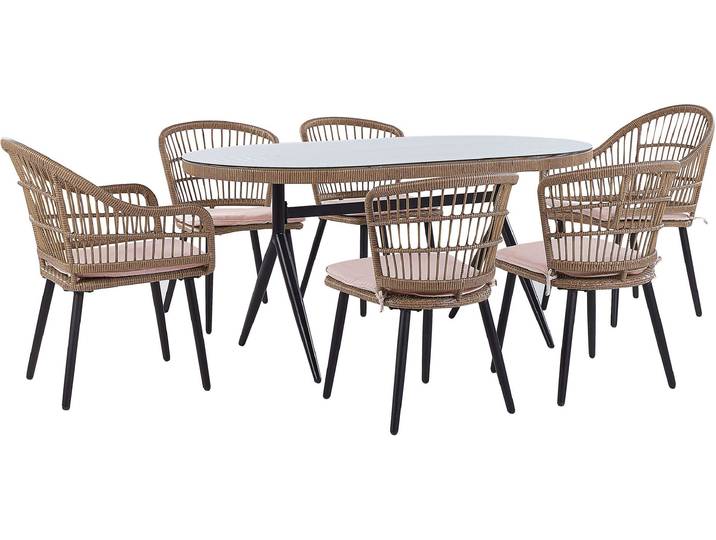 BELIANI Gartenset Hellbraun u. Rosa Polyrattan Polyester 6-Sitzer Tisch 6 Stühle Garten Terrasse Outdoor Modern
