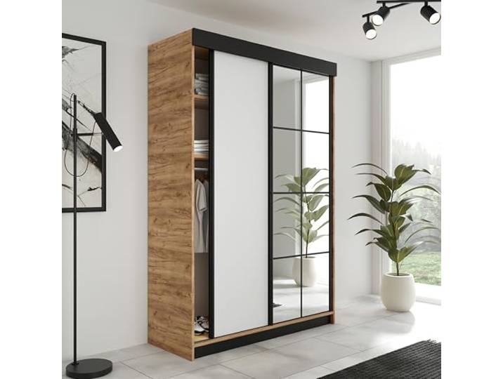 KIER FURNITURE Schiebegarderobe LAMARO mit Spiegel - Schrank Schlafzimmer - Schlafzimmerschrank - Wardrobe Bedroom - Kleiderschränke - Kleiderschrank - 167x205x59cm - Eiche Handwerk Gold & Weiß