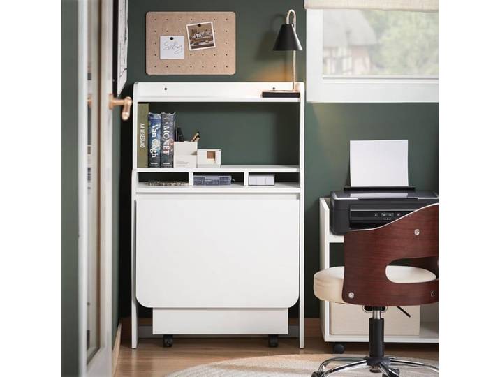 Bureau pliable mural - SoBuy - Pliable et rabattable - Dimensions 64x63x100 6 cm - Blanc - 5 étagères ouvertes