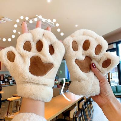 DynamicDeals Lovely Plush Cat Paw Gloves, Warm Fingerless Mittens, Soft Fluffy Bear Claw Costume, Short Half Finger Gloves beige