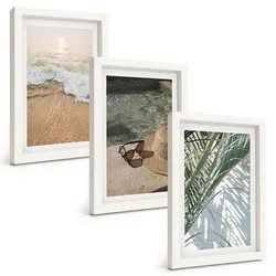 BILDER SET 3er Set - 20x30 cm Weißer Rahmen - Strandhut und Sonnenbrille