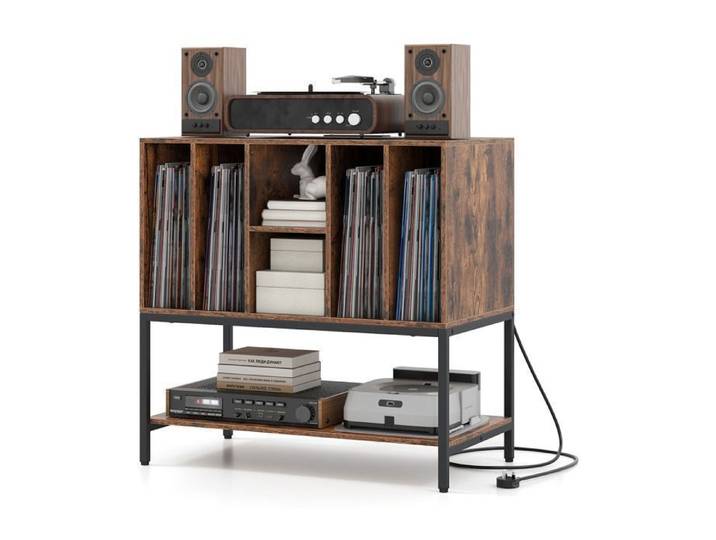 GOPLUS Petit Meuble de Rangement pour 150 Disques Table Tourne-disque avec Station de Chargement Etagères Cadre en Métal Marron