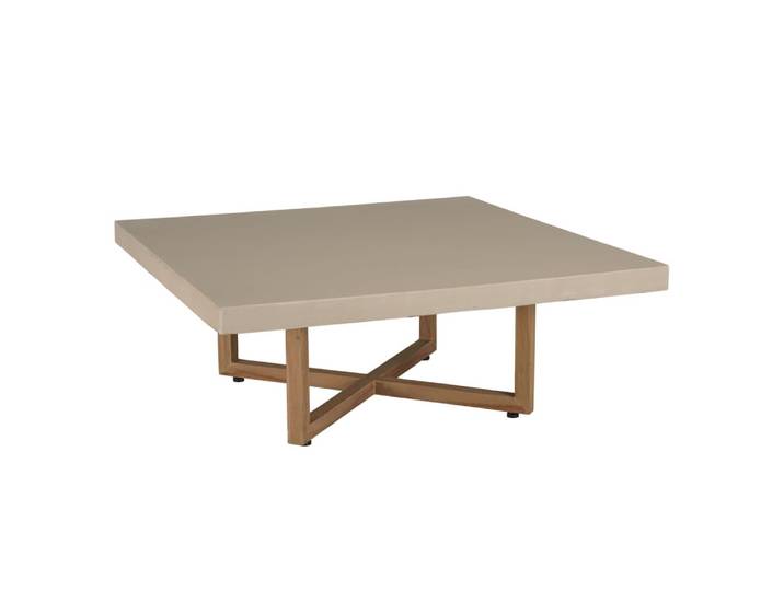 Table basse carrée 107x107cm en béton beige pieds croisés en teck