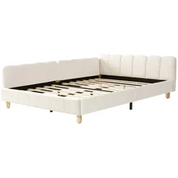 OKWISH Polsterbett aus Samt in Beige, 140x190 cm, mit ergonomischem Kopfteil, Sicherheitsbarriere und Holzfüßen