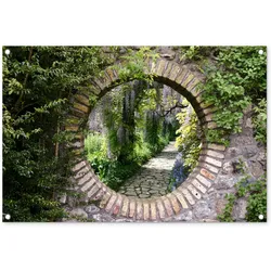 GARTENPOSTER Wald - Steine - Durchblick - Pfad - Glyzinie Gartendeko 90x60 cm