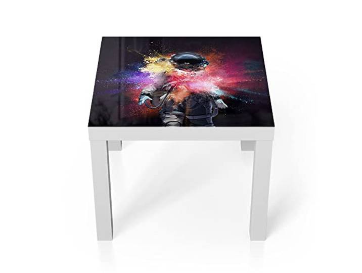 DEQORI Glastisch weiß klein 55x55 cm Motiv Kosmonaut in Farbknall ausgefallener Beistelltisch aus Glas Hochglanz Couchtisch fürs Wohnzimmer moderner Couch Tisch mit Design