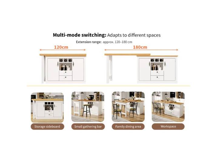 Modenuit Buffet bar extensible 120-180 cm avec rangement MDF blanc et décor bois