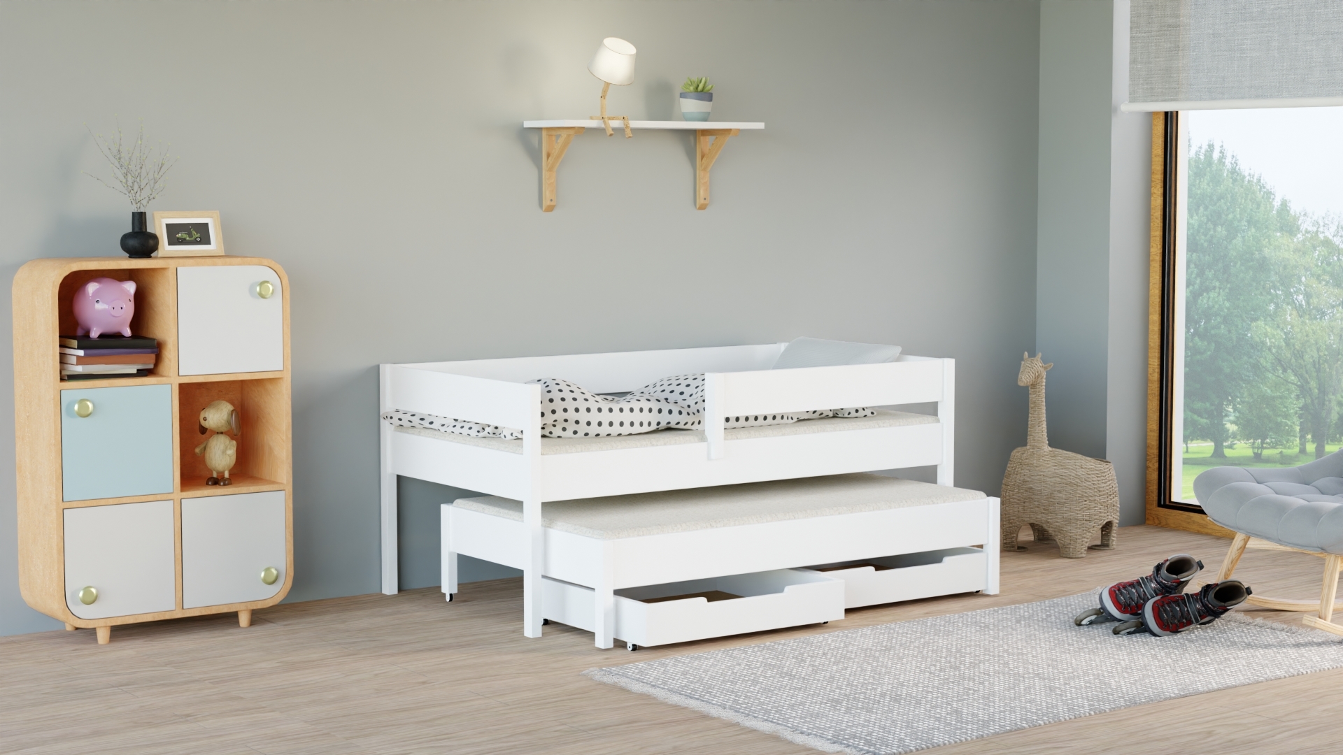 Ausziehbett Junior 200x90 Kinderbett mit Rausfallschutz & Lattenrost weiß 90 x 200 für Mädchen und Jungen mit Matratzen und Schubladen