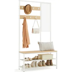Songmics, Garderobe + Kleiderstange, Kleiderständer Garderobe mit Spiegel Sitzbank Eiche Weiss