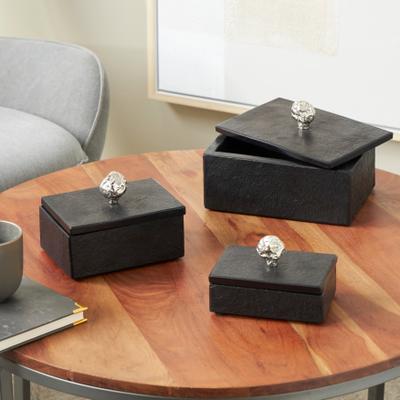 ARCILLA ELEMENTAL Black Marble Box with Textured Silver or Black Aluminum Knobs (Set of 3)