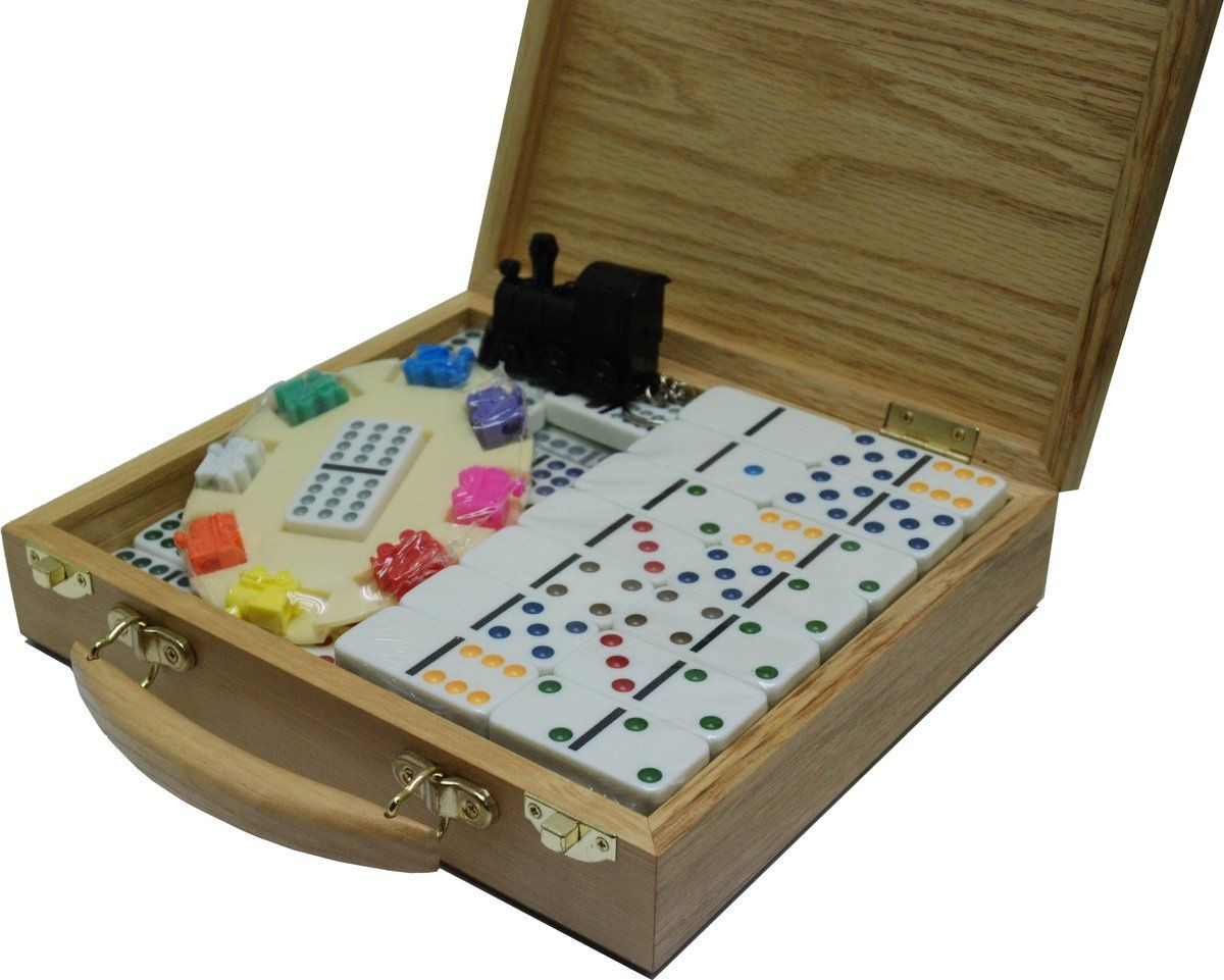 Hot Games Domino Dubbel 12 Mexican Train met houten kist en 8 treintjes