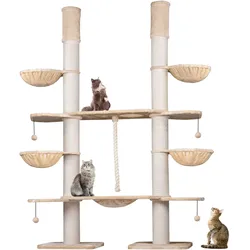 HAPPYPET XXL Kratzbaum-Landschaft für große Katzen - 2-in-1 Aktivitäts- und Sisal-Paradies mit Deckenspanner 280cm hoch   Premium Plüsch   Creme-Beige